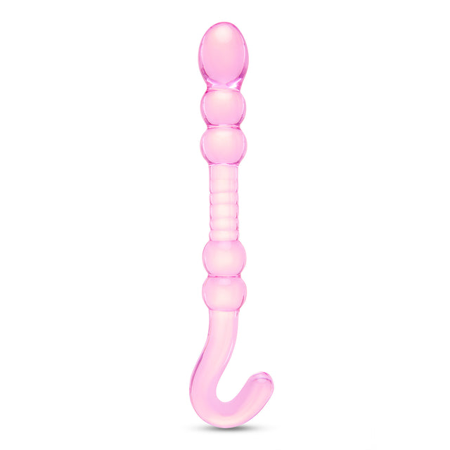 Pink Beaded Glass Dildo with rippled center, beaded shaft and hook-shaped handle on a white background