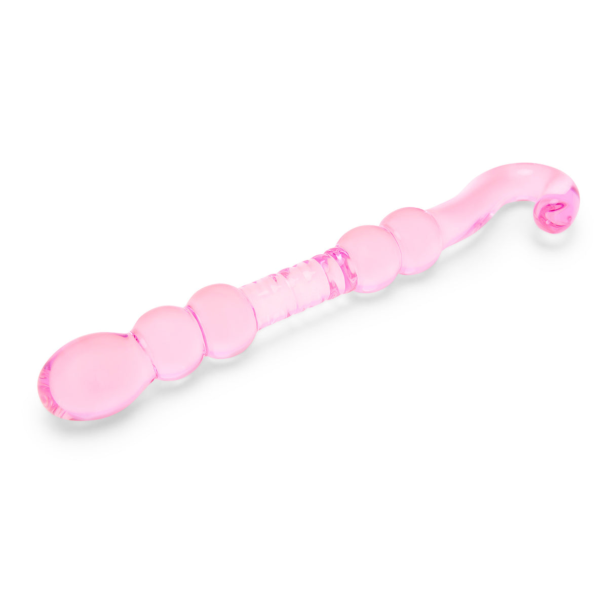 Pink Beaded Glass Dildo with rippled center, beaded shaft and hook-shaped handle on a white background