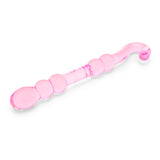 Pink Beaded Glass Dildo with rippled center, beaded shaft and hook-shaped handle on a white background