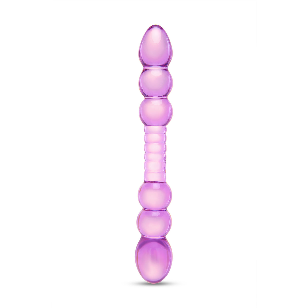 purple dual-ended glass dildo with beaded tips and rippled center on a white background