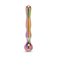 holographic dual-ended glass dildo with a beaded end, wavy center and a round base on a white background