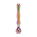 holographic dual-ended glass dildo with a beaded end, wavy center and a round base on a white background