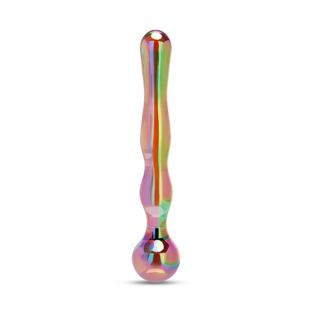 holographic dual-ended glass dildo with a beaded end, wavy center and a round base on a white background