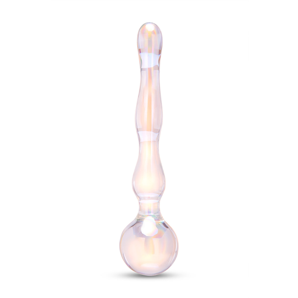 Iridescent Glass Dildo with round bulb and wavy shaft on a white background