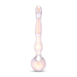 Iridescent Glass Dildo with round bulb and wavy shaft on a white background