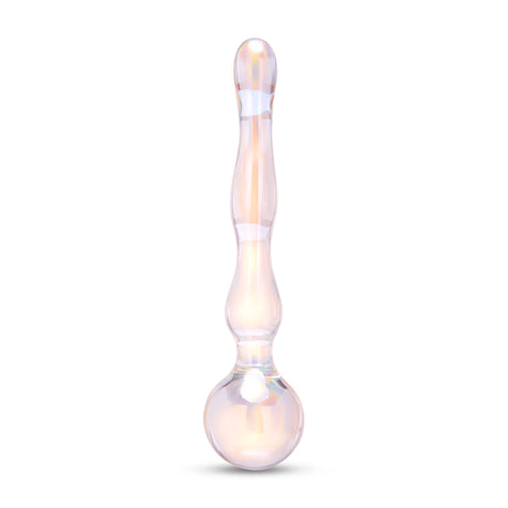 Iridescent Glass Dildo with round bulb and wavy shaft on a white background