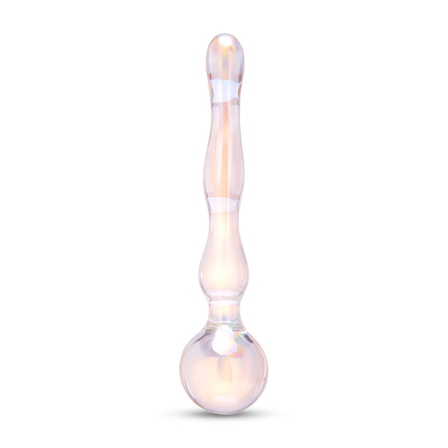 Iridescent Glass Dildo with round bulb and wavy shaft on a white background
