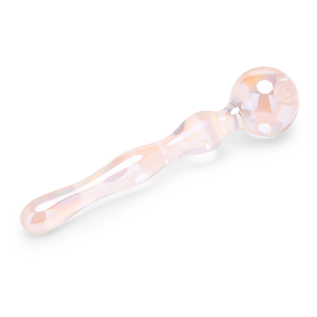 Iridescent Glass Dildo with round bulb and wavy shaft  on a white background