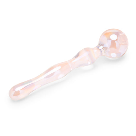 Iridescent Glass Dildo with round bulb and wavy shaft  on a white background