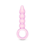 Pink glass anal plug with beaded shaft, tapered tip and ring base on a white background