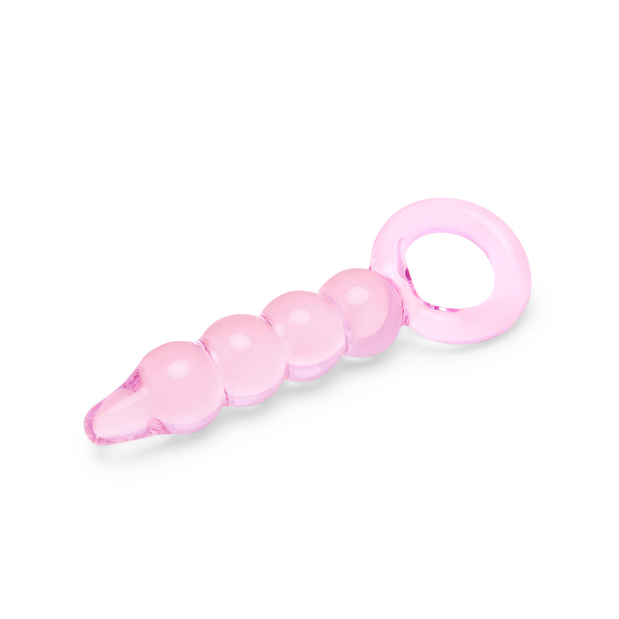 Pink glass anal plug with beaded shaft, tapered tip and ring base on a white background