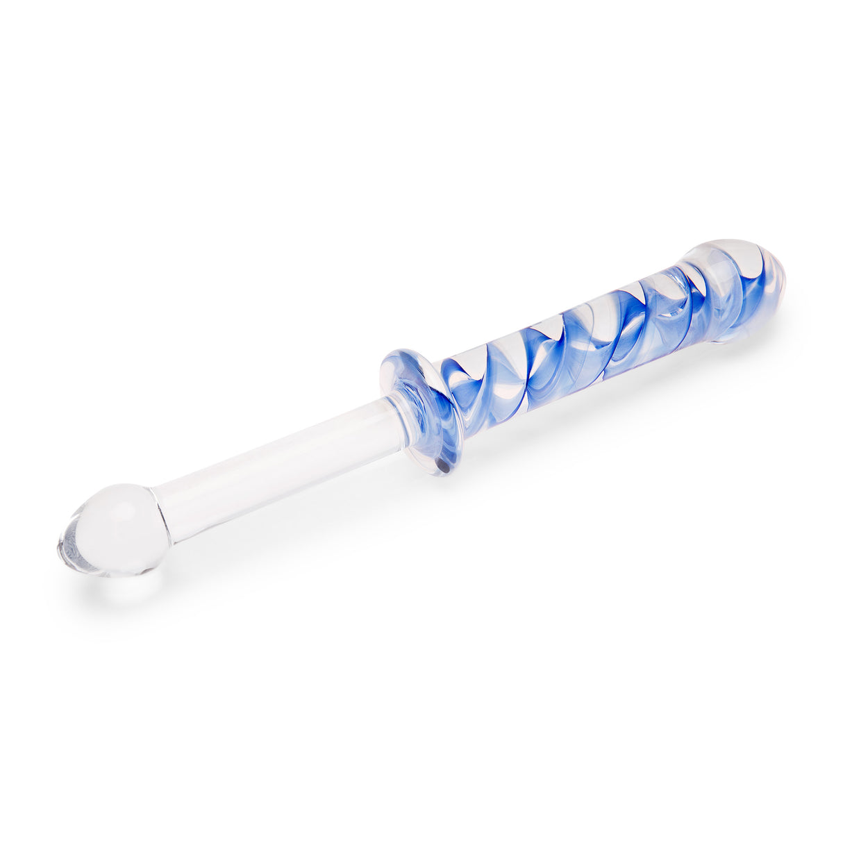 Dual-Ended Glass Dildo with two tapered tips - one slim and one thick featuring a  blue swirl design on a white background
