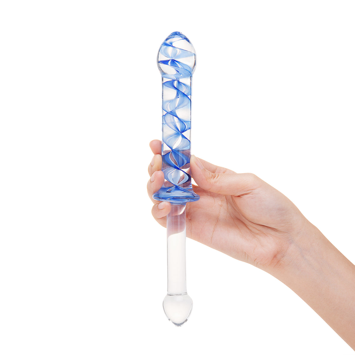 Dual-Ended Glass Dildo with two tapered tips - one slim and one thick held by a hand on a white background
