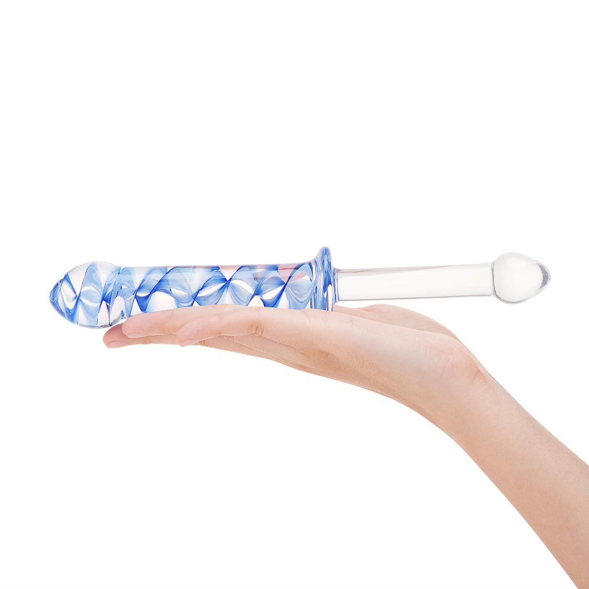 Hand holding a Dual-Ended Glass Dildo with two tapered tips - one slim and one thick on a white background