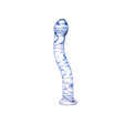 Curved Glass Anal Plug featuring a teardrop tip and blue swirl design on a white background