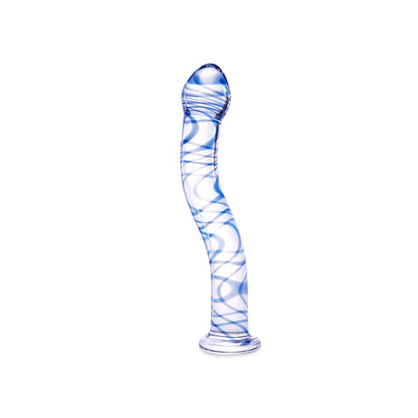 Curved Glass Anal Plug featuring a teardrop tip and blue swirl design on a white background
