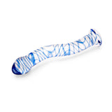 Curved Glass Anal Plug featuring a teardrop tip and blue swirl design on a white background