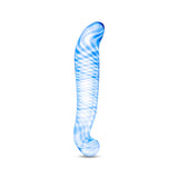 Dual-Ended Glass Dildo with a gently curved shaft and features blue swirls and crisscrossing patterns on a white background