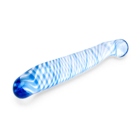 Dual-Ended Glass Dildo with a gently curved shaft and features blue swirls and crisscrossing patterns on a white background