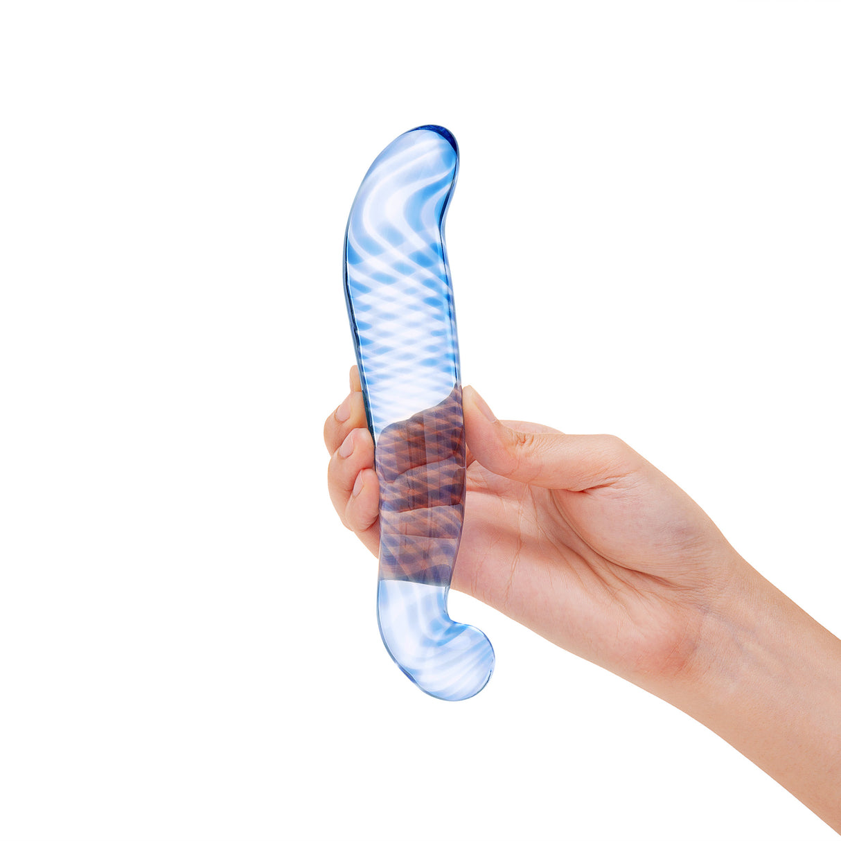 Hand holding a Dual-Ended Glass Dildo with a gently curved shaft and features blue swirls and crisscrossing patterns against a white background