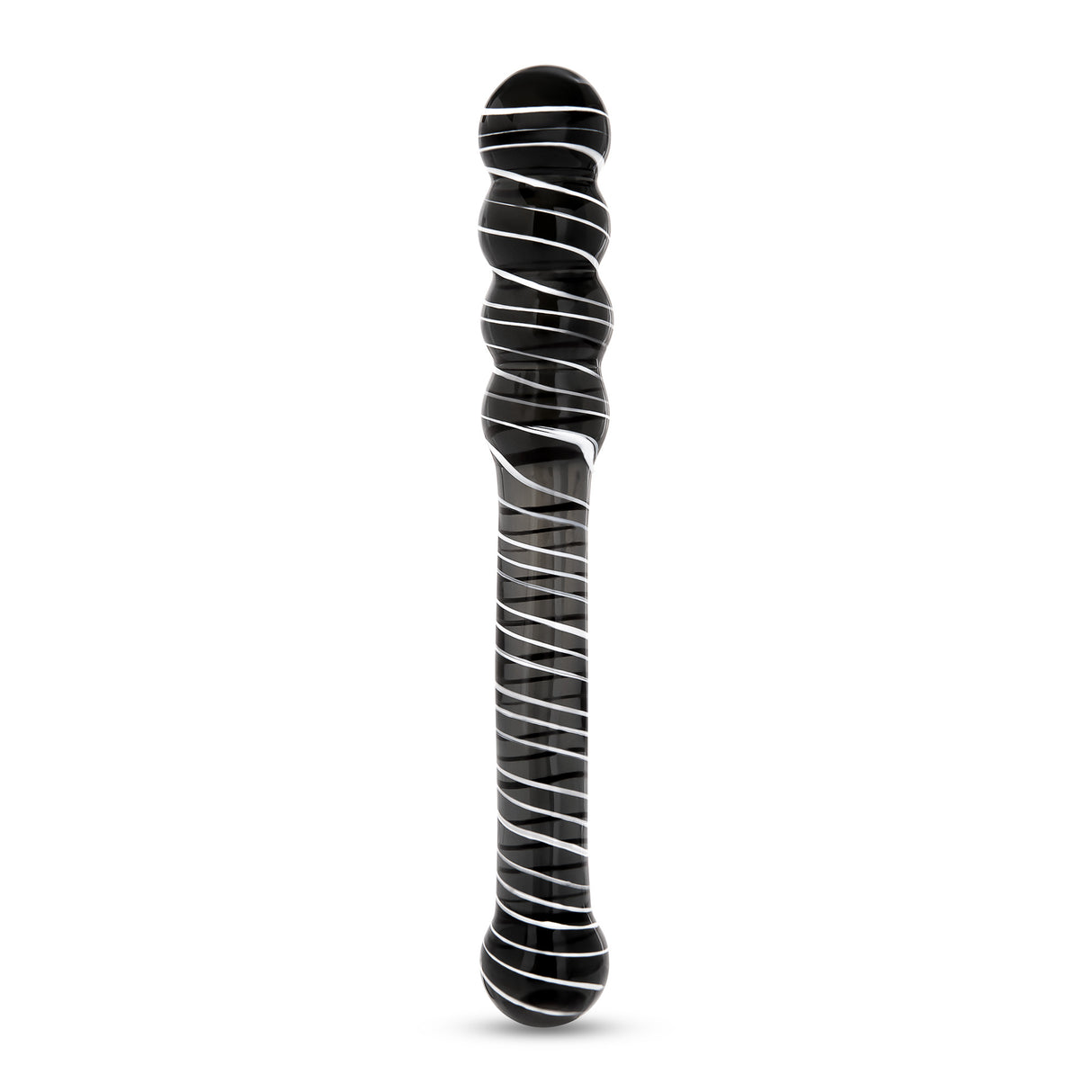 striped dual-ended glass dildo with both beaded and round tip on a white backgroud