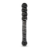striped dual-ended glass dildo with both beaded and round tip on a white backgroud