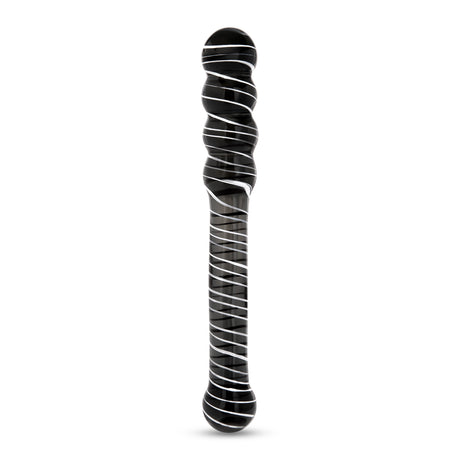 striped dual-ended glass dildo with both beaded and round tip on a white backgroud