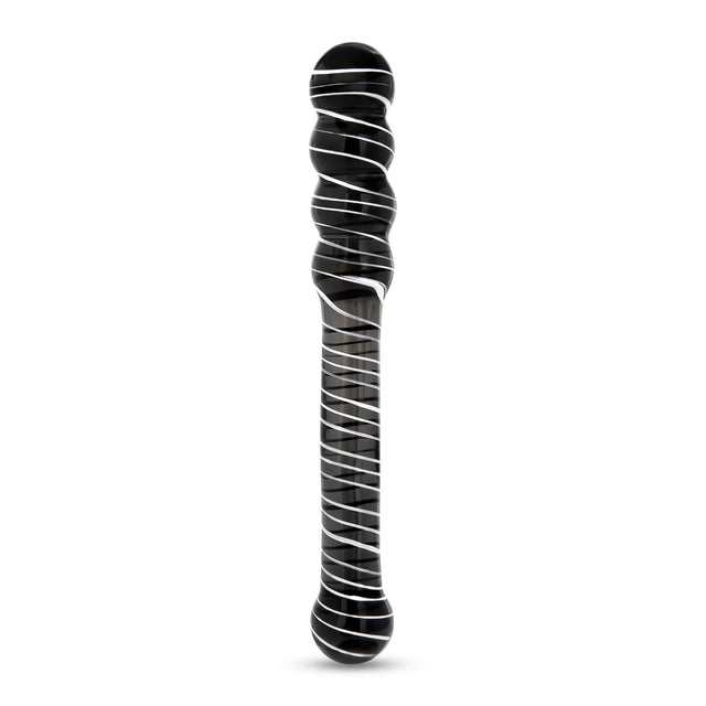 striped dual-ended glass dildo with both beaded and round tip on a white backgroud