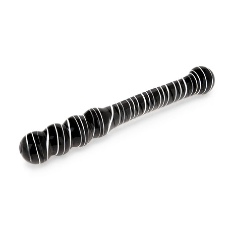 striped dual-ended glass dildo with both beaded and round tip on a white background