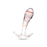 Tapered Glass Anal Plug with red stripes on a white background