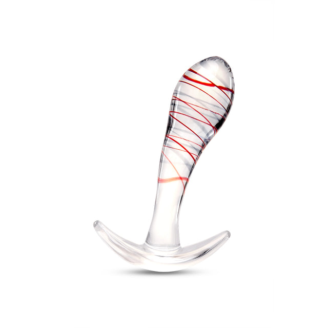Tapered Glass Anal Plug with red stripes on a white background