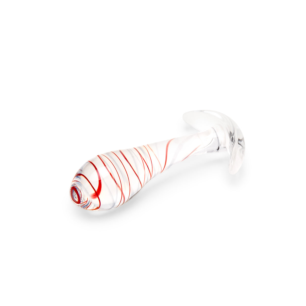 Tapered Glass Anal Plug with red stripes  on a white background