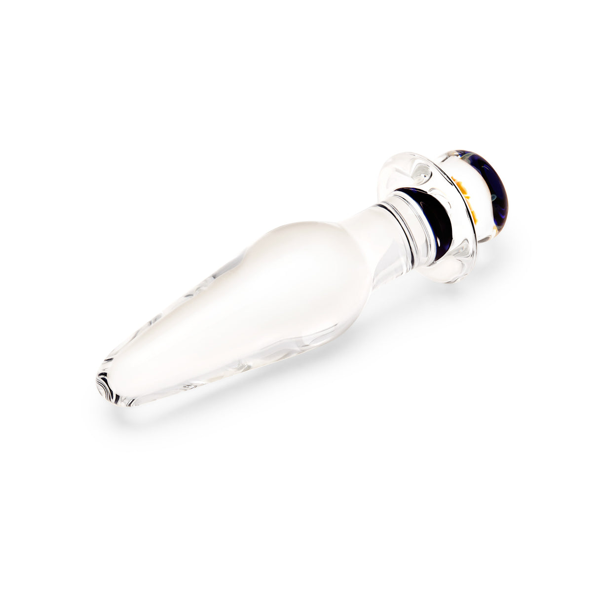 Glass anal plug with slim tapered tip on a white background