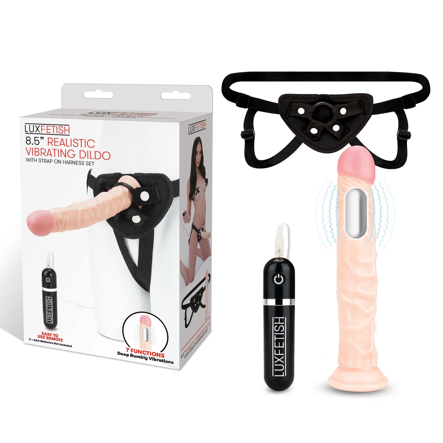 8.5" Realistic Vibrating Dildo & Strap-on Harness Set - Lux Fetish 8.5" Realistic Vibrating Dildo & Strap-on Harness Set - Lux Fetish