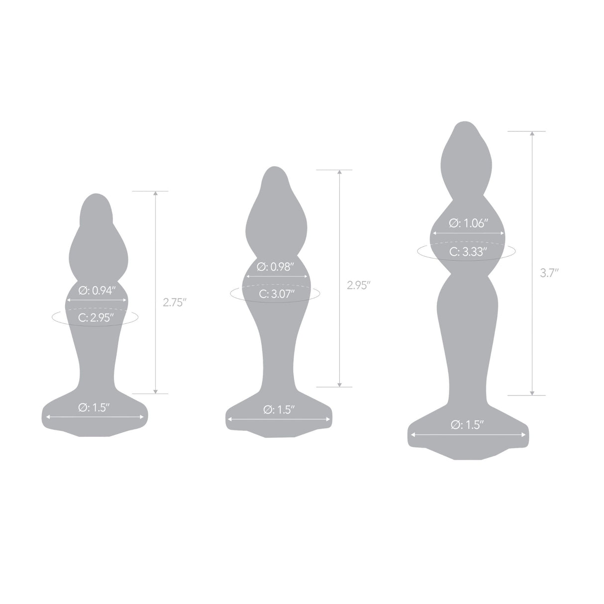 Scale Reference: The three sizes of the Twist & Tush plug arranged side-by-side with dimensions