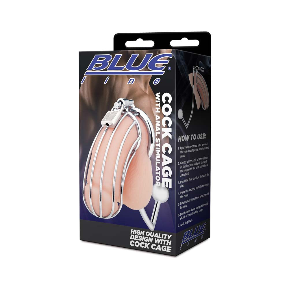 Packaging of the Blue Line Cock Cage With Anal Stimulator