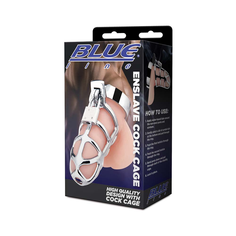 Packaging of the Blue Line Enslave Cock Cage