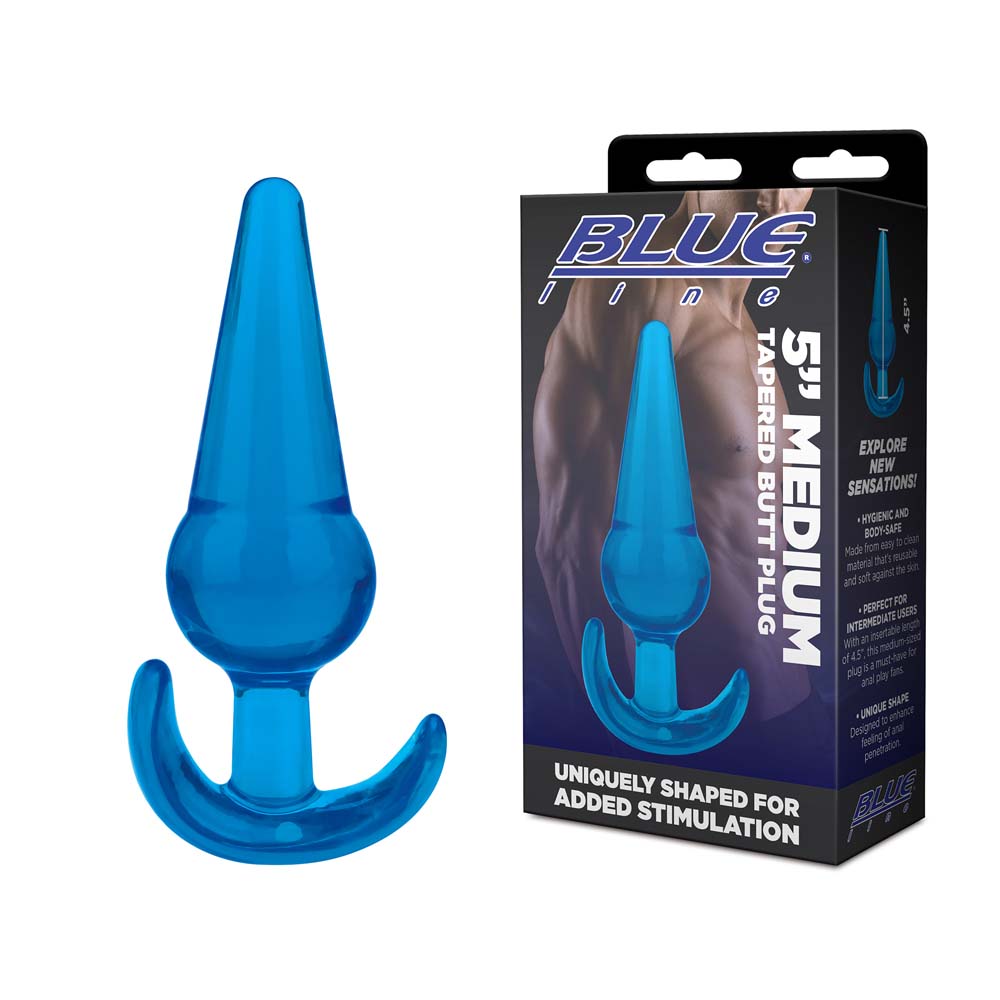 Packaging of the Blue Line 5" Medium Tapered Butt Plug