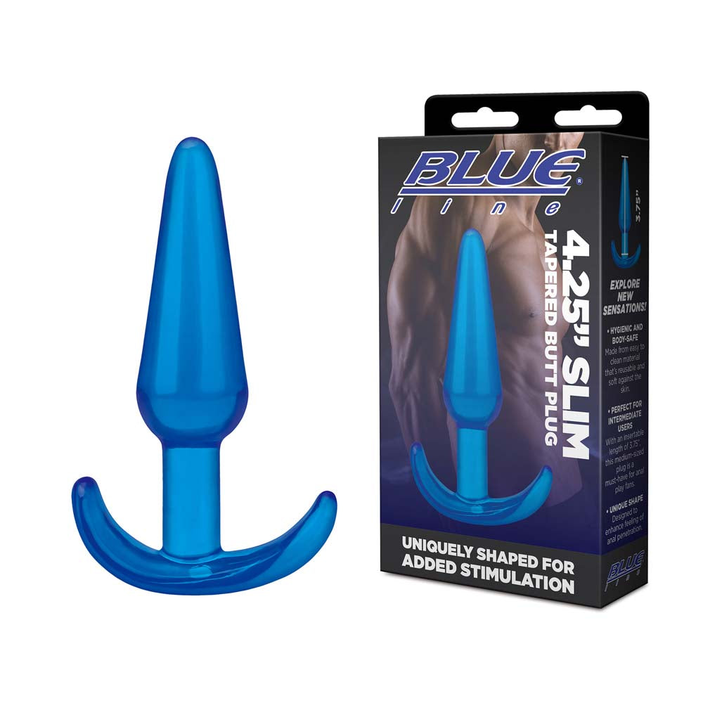 Packaging of the Blue Line 4.25" Slim Tapered Butt Plug