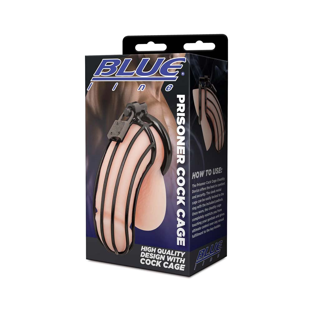 Packaging of the Blue Line Prisoner Chastity Cock Cage with Lock (Stainless Steel)