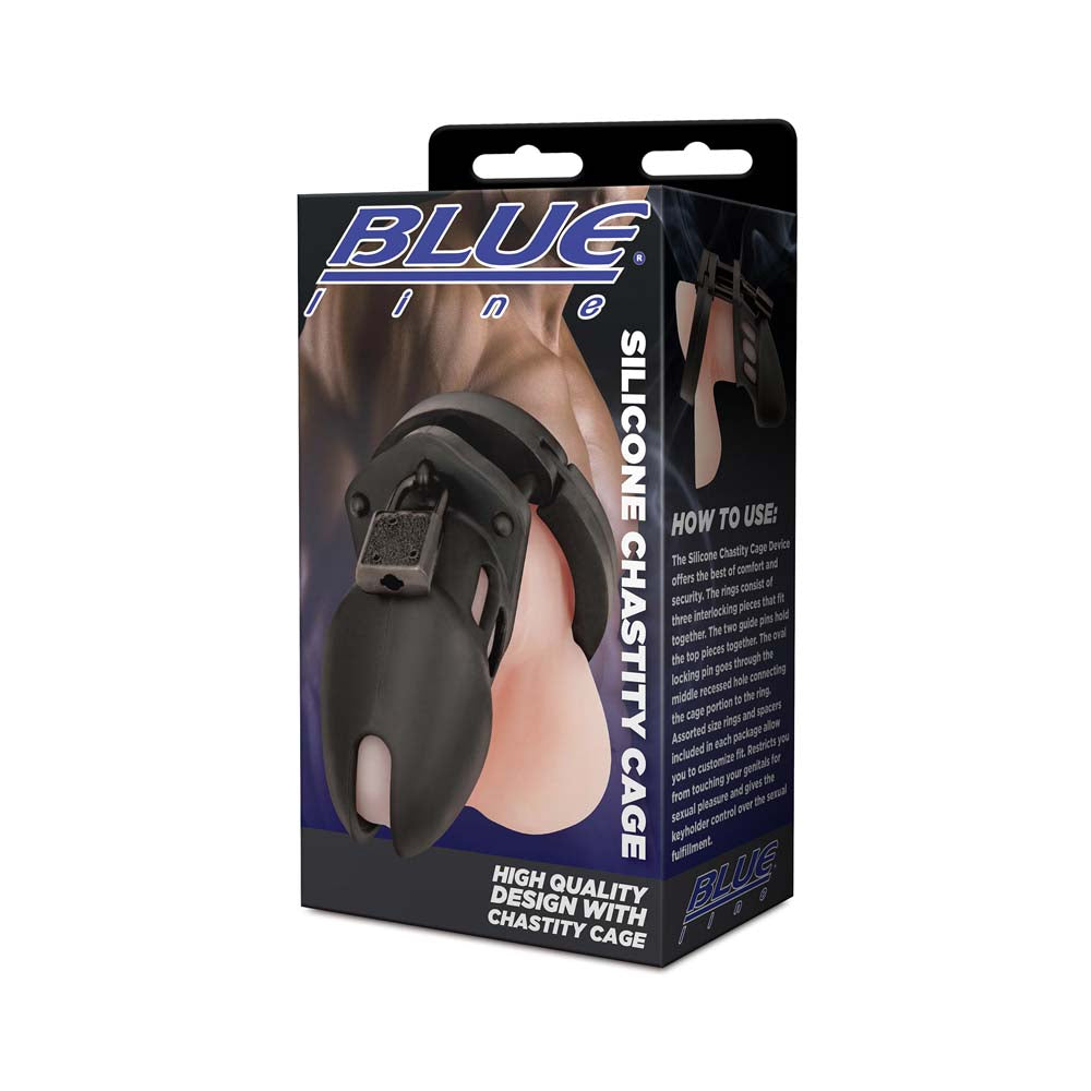 Packaging of the Blue Line Silicone Chastity Cock Cage with Lock