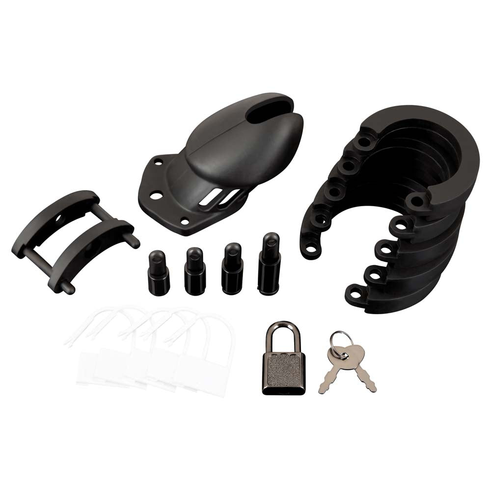 Cock cage, length adjustment plates & pins, lock and key as part of the Blue Line Silicone Chastity Cock Cage with Lock set
