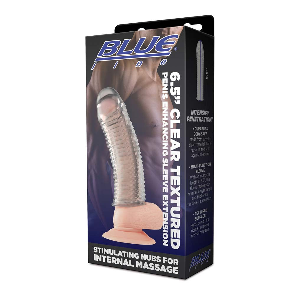 Packaging of the Blue Line 6.5" Clear Textured Penis Enhancing Sleeve Extension