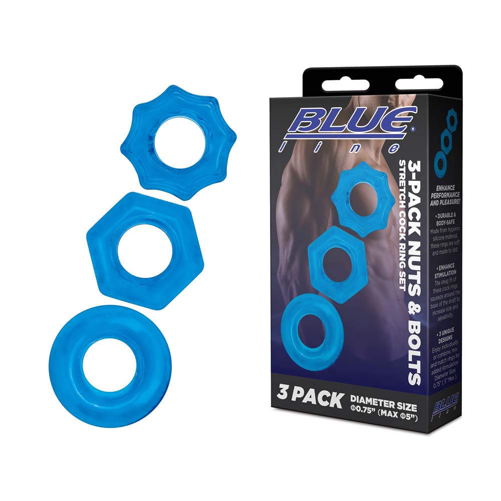 Packaging of the Blue Line 3-Pack Nuts & Bolts Stretch Cock Ring Set