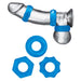 Dildo wearing the Blue Line 3-Pack Nuts & Bolts Stretch Cock Ring Set