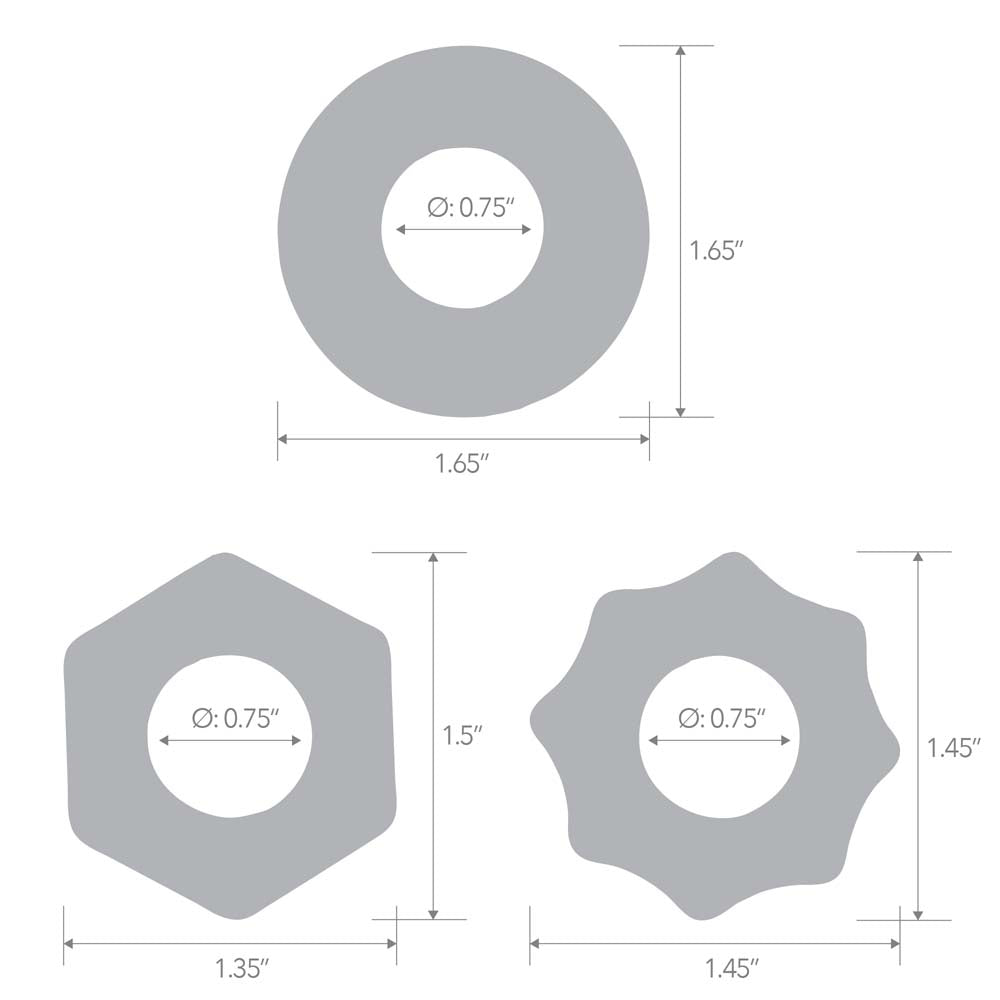 Size and measurements of the Blue Line 3-Pack Nuts & Bolts Stretch Cock Ring Set