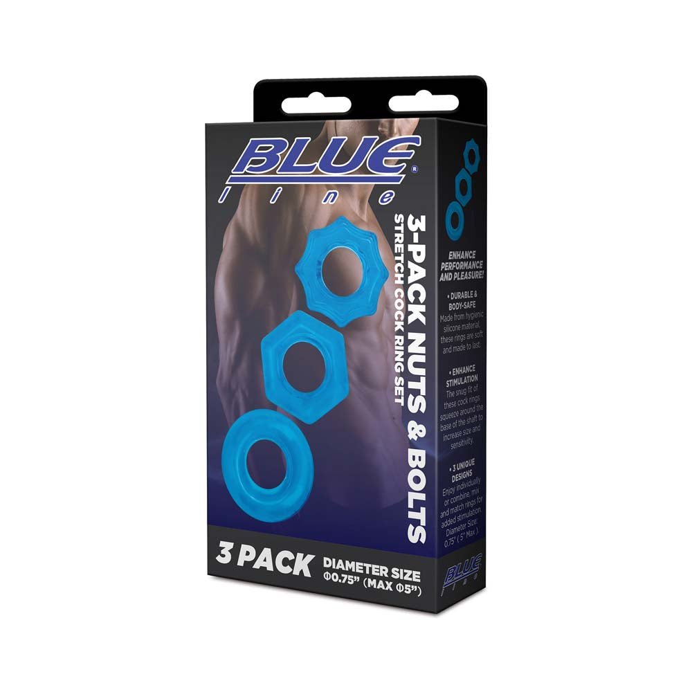 Packaging of the Blue Line 3-Pack Nuts & Bolts Stretch Cock Ring Set