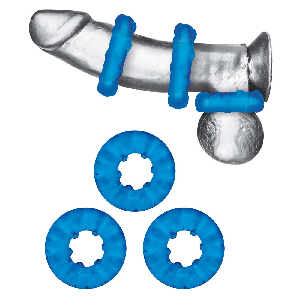 Horizontal view of dildo wearing the Blue Line 3-Pack Ribbed Rider Cock Ring Set