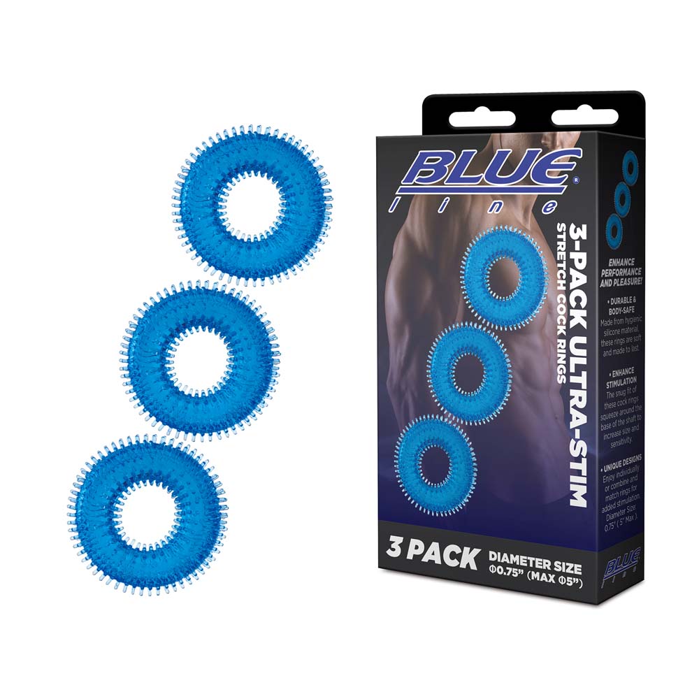 Packaging of the Blue Line 3-Pack Ultra-Stim Stretch Cock Rings