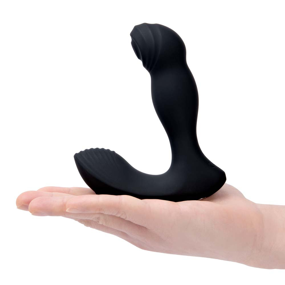 Horizontal view of model holding the Blue Line Thumper - Prostate Flicking Remote Controlled Stimulator